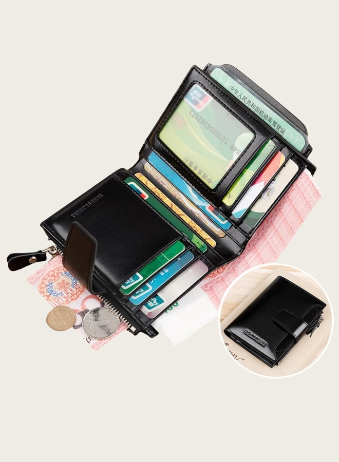 banyanu Retro Men's Wallet Anti-Theft Brush Short Genuine Leather Men's Wallet Black - Image 1