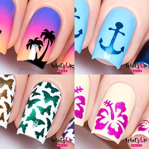 Whats Up Nails  Nail Vinyl Stencils Variety Pack 4pcs Anchor Palm Hibiscus Butterflies for Nail Art Design
