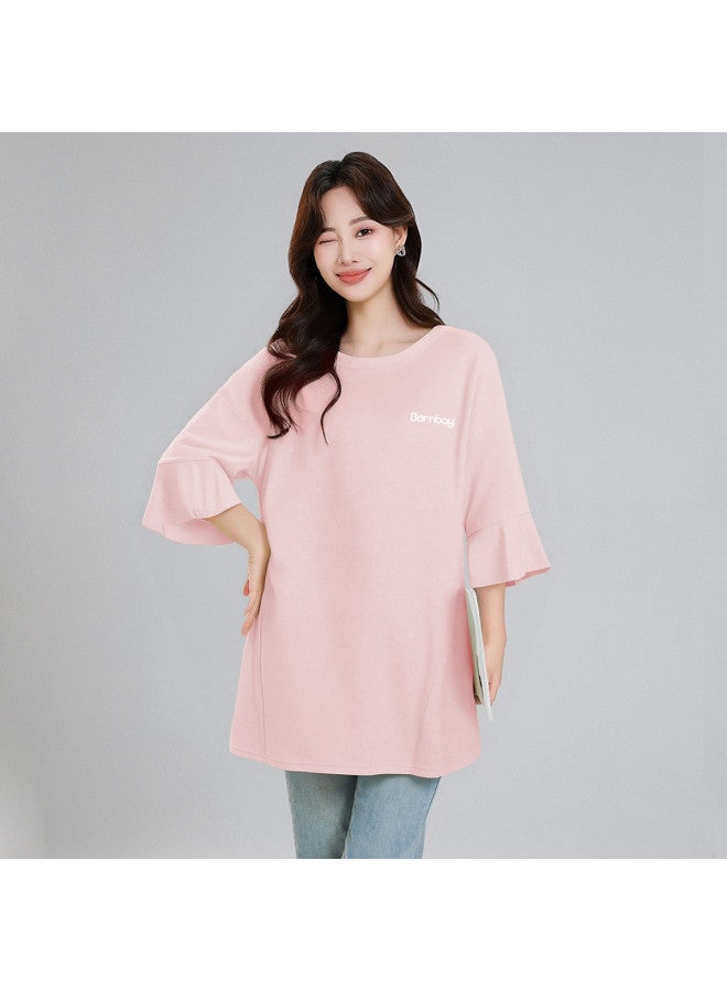 Bornbay Maternity Top Summer Thin Short Sleeve Lace Design Loose Plus Size Pregnancy T-shirt Maternity Wear - Image 2