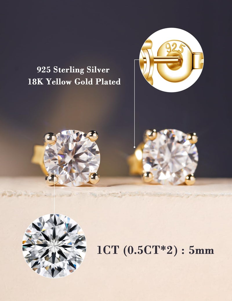IMOLOVE Moissanite Stud Earrings with 0.6ct-3ct D Color Round Cut Lab Created Diamond Earrings in Sterling Silver with 18K Yellow Gold Plated for Women Men-1 - Image 2