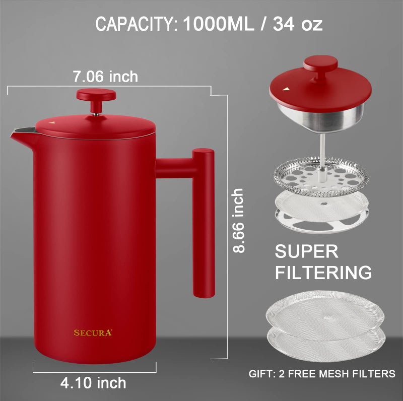 Secura French Press Coffee Maker, Double-Wall 304 Grade Stainless Steel Coffee Press with 2 Extra Screens, 34oz (1L), Red - Image 3