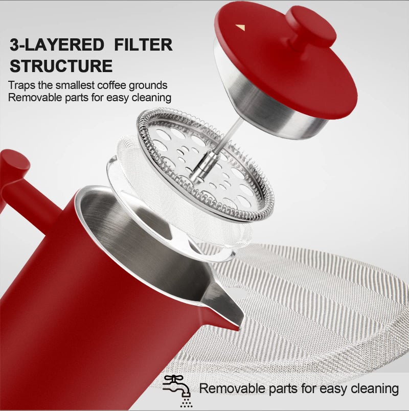 Secura French Press Coffee Maker, Double-Wall 304 Grade Stainless Steel Coffee Press with 2 Extra Screens, 34oz (1L), Red - Image 4