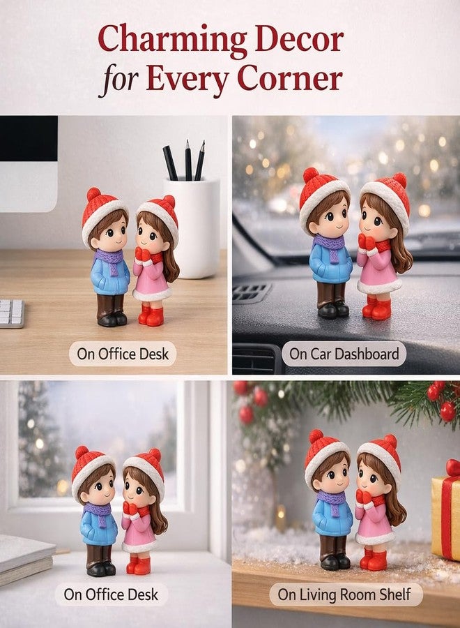VAYINATO Resin Winter Couple Miniature Figurines (2 Pcs) - Handcrafted Romantic Winter Decor | Cute Christmas & Valentine Gift | Mini Tabletop, Shelf & Car Dashboard Display - Image 4