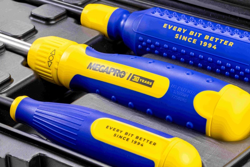MEGAPRO Three Screwdriver Kit, 15-in-1 Multi-Bit (151NAS-CS), 13-in-1 Ratcheting (211R2C36RD), 24-in-1 Precision (251PRECISION), 30th Anniversary Blue/Yellow - Image 2