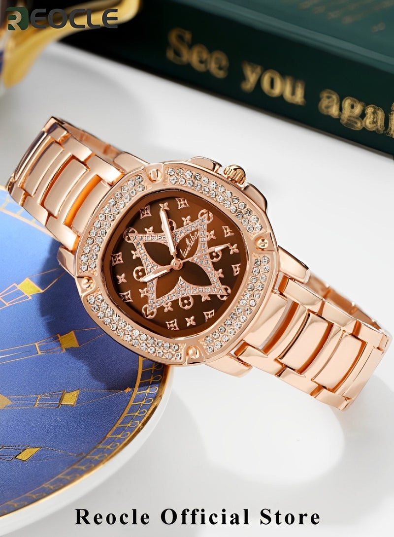 ريوكل ساعة يد نسائية دائرية فاخرة مرصعة بالكريستال وأحجار الراين والماس ساعة يد من الفولاذ المقاوم للصدأ مع حركة كوارتز مستوردة ساعات يد كلاسيكية رسمية - Image 3