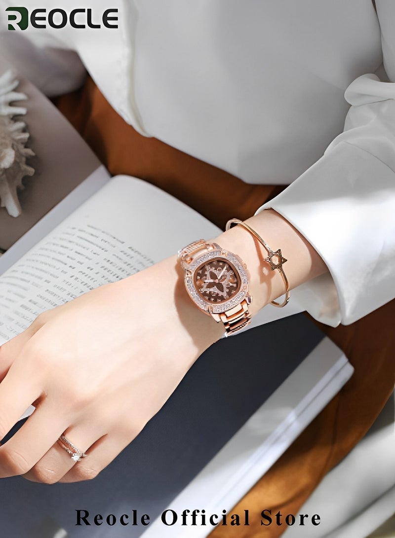 ريوكل ساعة يد نسائية دائرية فاخرة مرصعة بالكريستال وأحجار الراين والماس ساعة يد من الفولاذ المقاوم للصدأ مع حركة كوارتز مستوردة ساعات يد كلاسيكية رسمية - Image 4