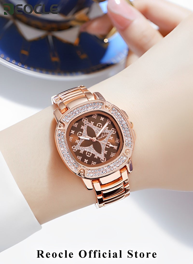 ريوكل ساعة يد نسائية دائرية فاخرة مرصعة بالكريستال وأحجار الراين والماس ساعة يد من الفولاذ المقاوم للصدأ مع حركة كوارتز مستوردة ساعات يد كلاسيكية رسمية - Image 5
