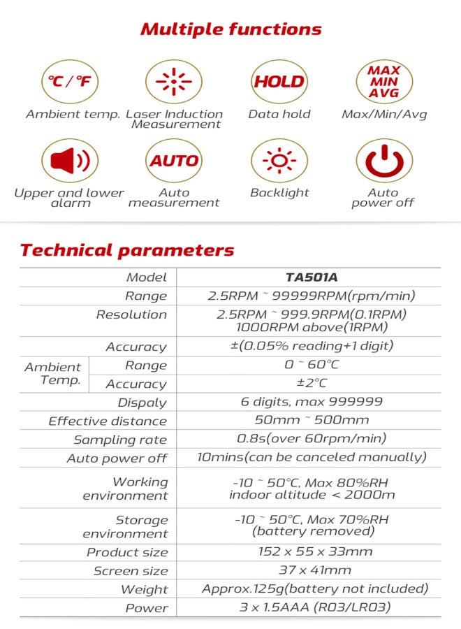 TASI TA501A Digital Tachometer LCD RPM Display Non-Contact Digital Handheld Tachometer Speedometer Wide Measuring Range 2.5~99999RPM Speed Meter for Machinery Industry Car Motors Speed Test - Image 2