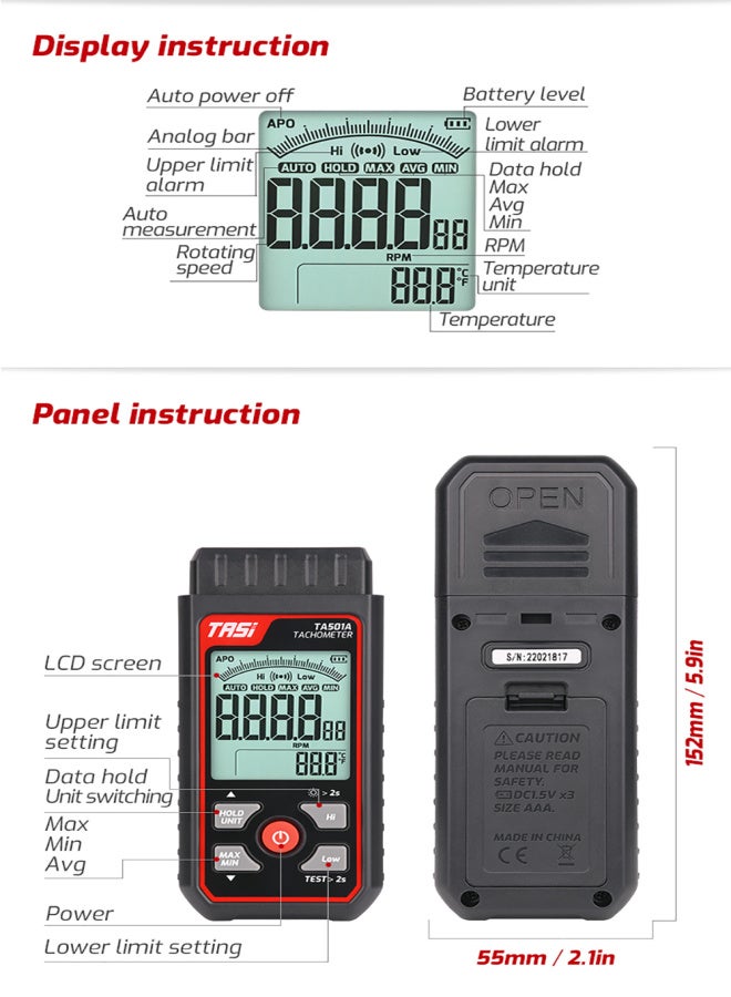 TASI TA501A Digital Tachometer LCD RPM Display Non-Contact Digital Handheld Tachometer Speedometer Wide Measuring Range 2.5~99999RPM Speed Meter for Machinery Industry Car Motors Speed Test - Image 3