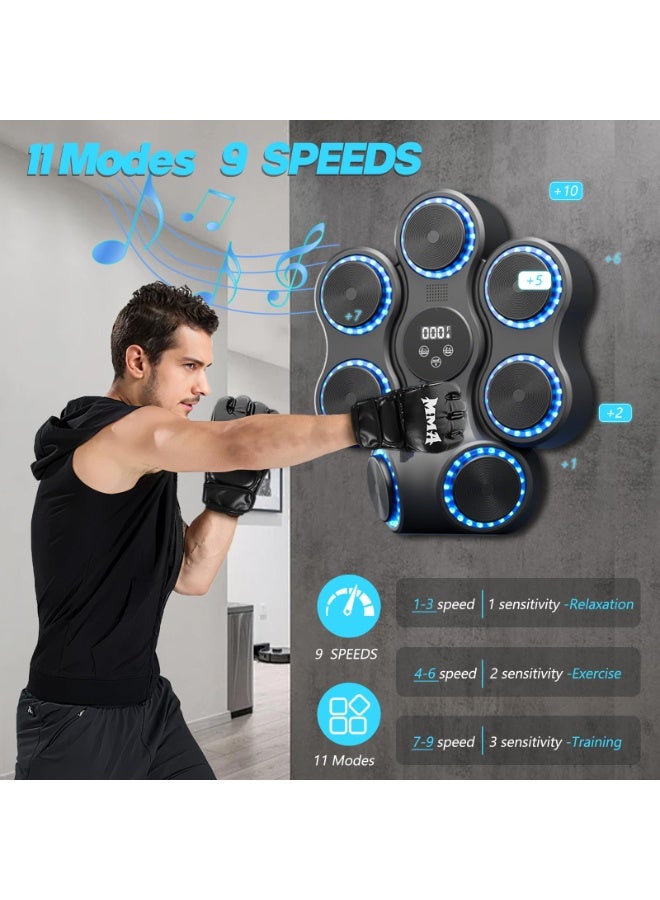 Flushrenic Boxing trainer featuring boxing gloves, Bluetooth music functionality, and a rhythm-based punching training mechanism. Offers 11 adjustable intensity levels and 9 speed settings, with a wall-mountable design secured by hook-and-loop fasteners. This adult music boxing equipment incorporates an interactive punching training system, suitable for children, and ideal for living rooms, gyms, and entertainment areas. - Image 3