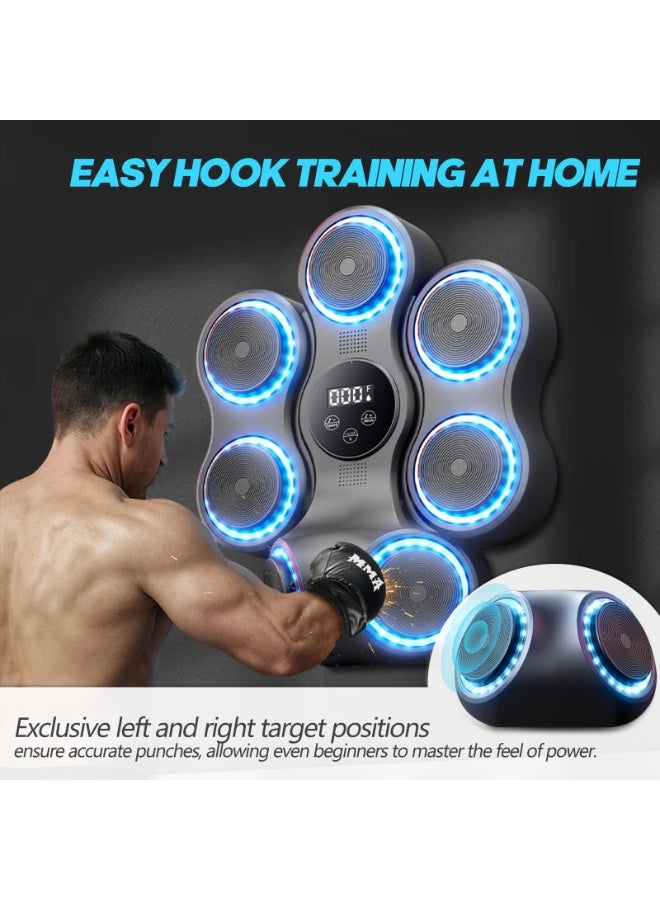 Flushrenic Boxing trainer featuring boxing gloves, Bluetooth music functionality, and a rhythm-based punching training mechanism. Offers 11 adjustable intensity levels and 9 speed settings, with a wall-mountable design secured by hook-and-loop fasteners. This adult music boxing equipment incorporates an interactive punching training system, suitable for children, and ideal for living rooms, gyms, and entertainment areas. - Image 5