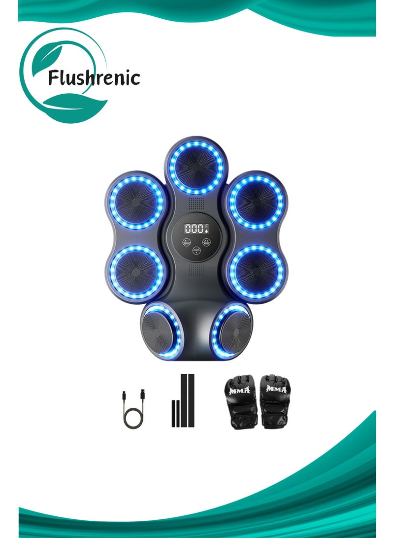 Flushrenic Boxing trainer featuring boxing gloves, Bluetooth music functionality, and a rhythm-based punching training mechanism. Offers 11 adjustable intensity levels and 9 speed settings, with a wall-mountable design secured by hook-and-loop fasteners. This adult music boxing equipment incorporates an interactive punching training system, suitable for children, and ideal for living rooms, gyms, and entertainment areas. - Image 1