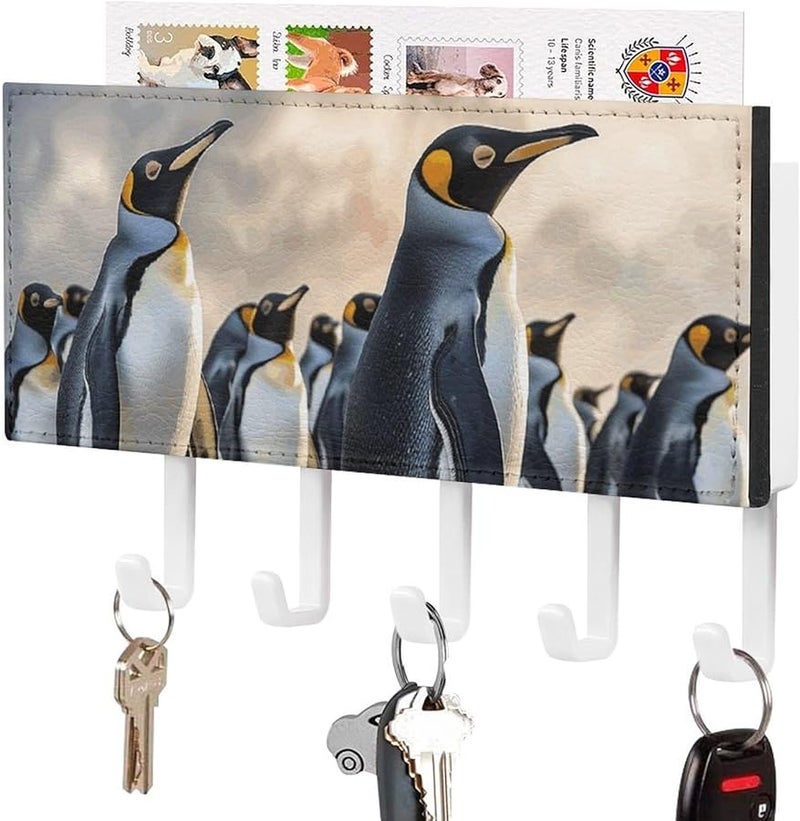 حامل مفاتيح جدار البطريق البحري مع 5 خطافات منظم مفاتيح من جلد البولي يوريثان تخزين مدخل الهدايا لاستقبال المنزل الجديد - Image 2