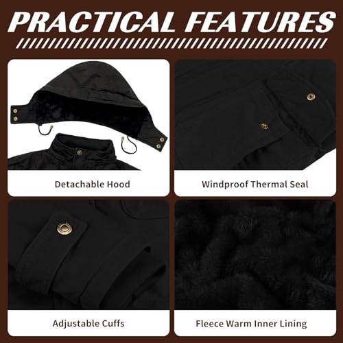 Dr.Cyril Mens Jacket Winter Casual Fleece Lined Cotton Thick Military Tactical Hooded Work Coats with Cargo Pockets， Black S - Image 5
