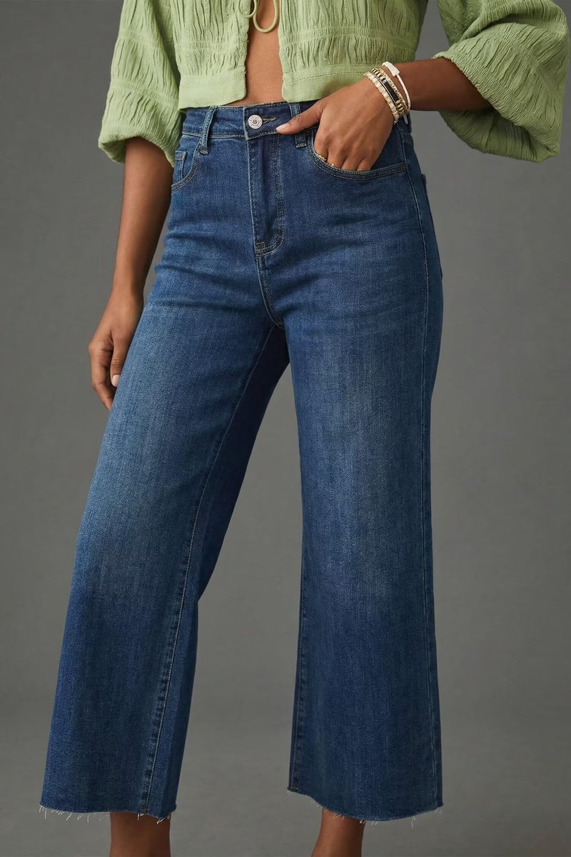 Allimy Women's High Waisted Straight Leg Ankle Length Wide Leg Ripped Jeans Frayed Hem Stretchy Cropped Capri Denim Pants Dark Wash Blue Size 8 - Image 3