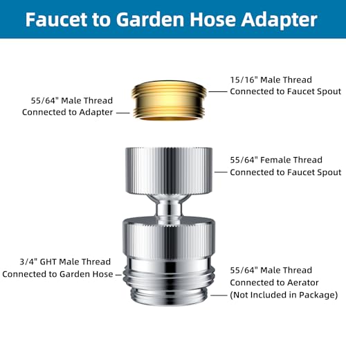 Hibbent Sink Faucet to Garden Hose Adapter, 360-Degree Swivel 55/64 Inch Female Thread, Sink Hose Attachment for Faucet Adapter Connector, Chrome - Image 2