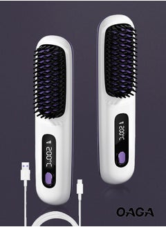 OAGA Wireless Hair Straightener Brush, Portable Mini Ceramic Ionic Straightening Comb and curler 2 in 1, Thermal Brush 20s Fast Heating & 3 Temp Settings & Anti-Scald(White)  - Image 1