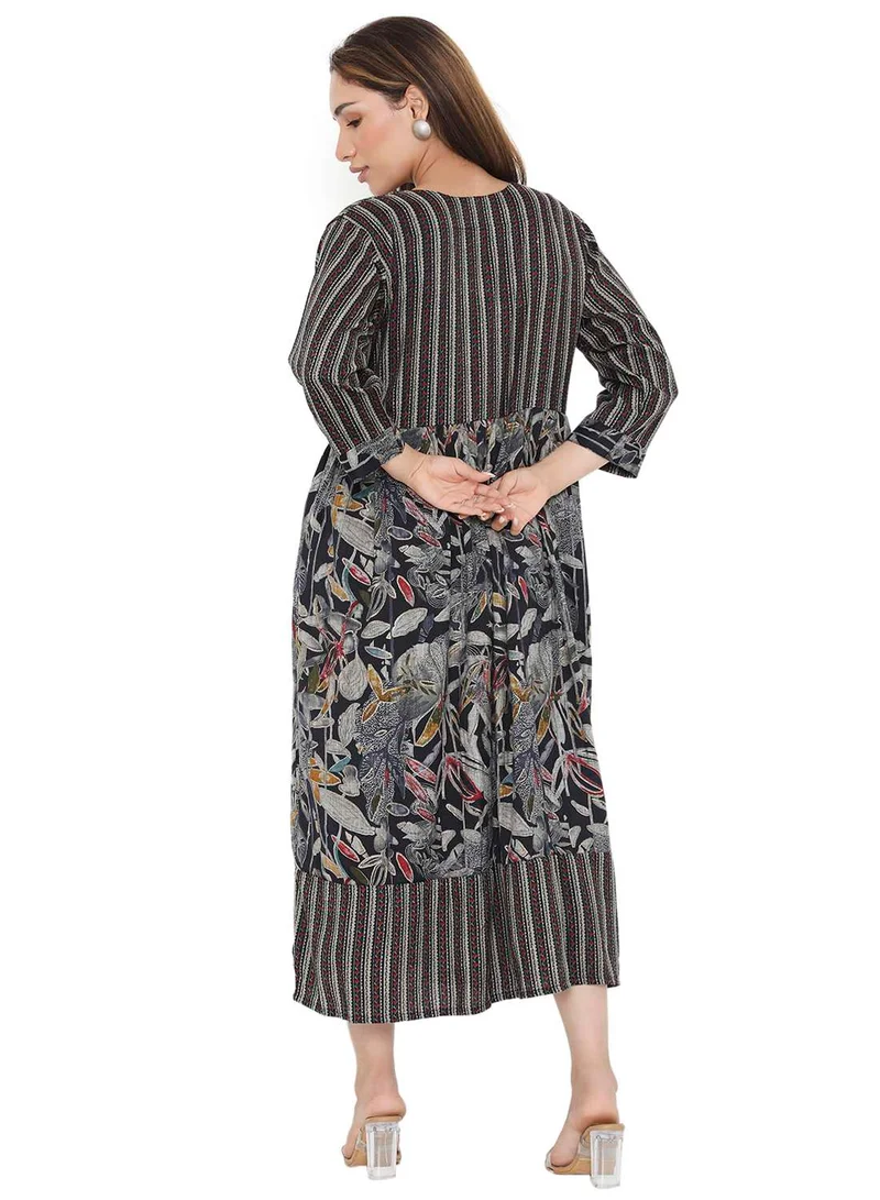 هانا آند سارا STYLISH PRINTED SHORT FRONT STYLED BUTTON ARABIC KAFTAN JALABIYA DRESS