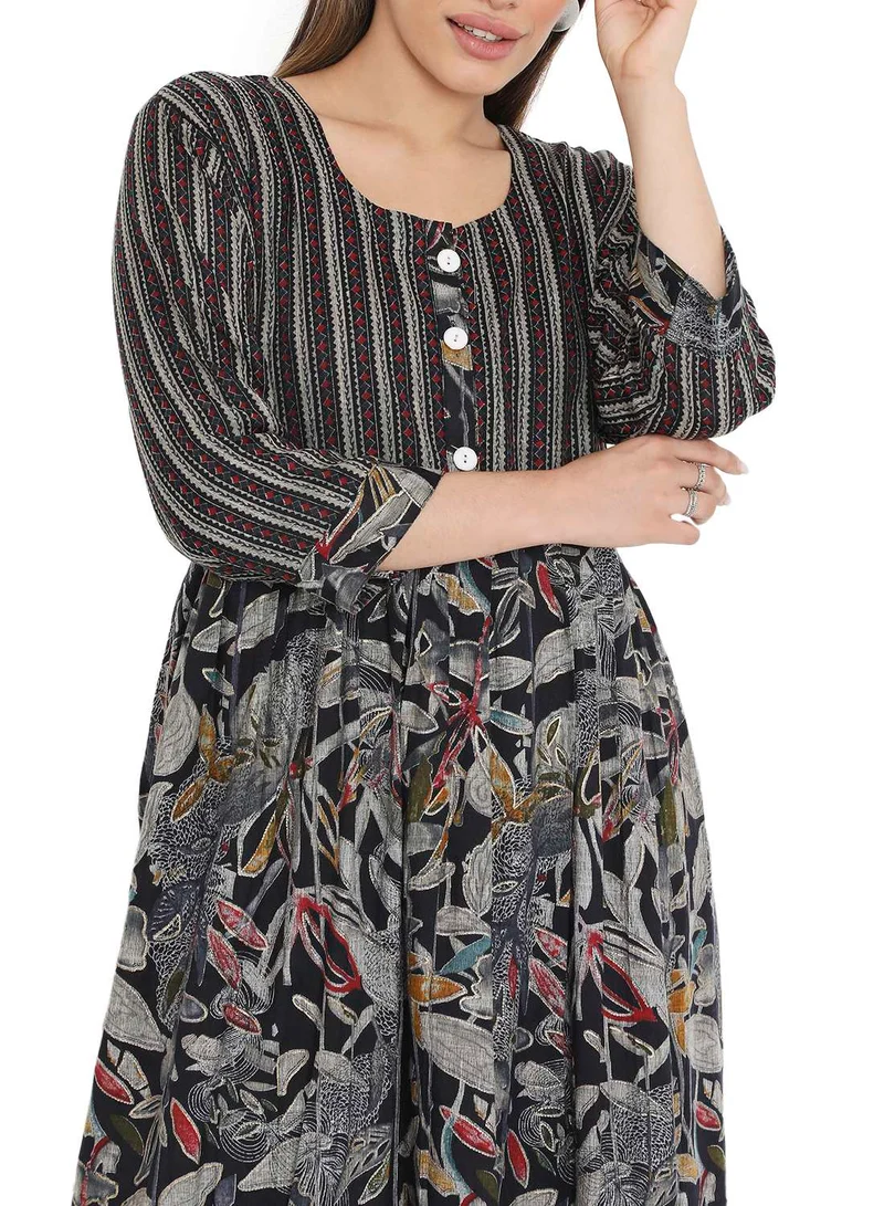 هانا آند سارا STYLISH PRINTED SHORT FRONT STYLED BUTTON ARABIC KAFTAN JALABIYA DRESS