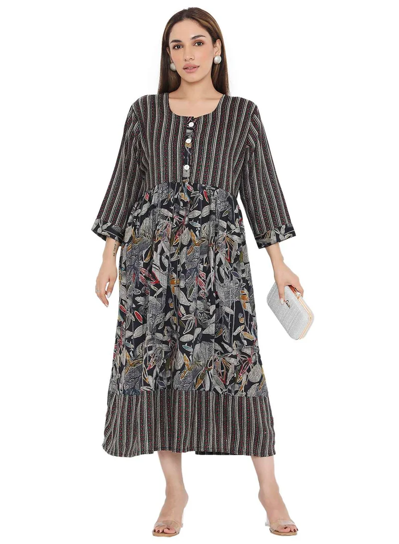 هانا آند سارا STYLISH PRINTED SHORT FRONT STYLED BUTTON ARABIC KAFTAN JALABIYA DRESS