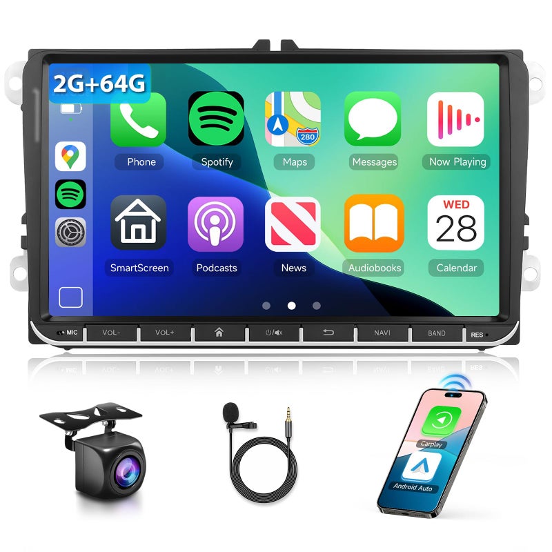 Podofo 2G64G for VW Passat Tiguan Golf Jetta T5 EOS Polo Skoda Android Car Stereo with Wireless Carplay Android Auto 9 Touch Screen Bluetooth Car Radio Support GPS Navigation WiFi FM SWCBackup Camera - Image 2