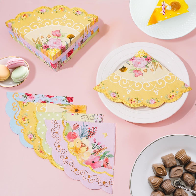 homix Floral Tea Party Napkins  100 pcs Scalloped Guest Paper Napkins for Wedding Bridal Shower Baby Shower Tea Party Decorations - Image 2