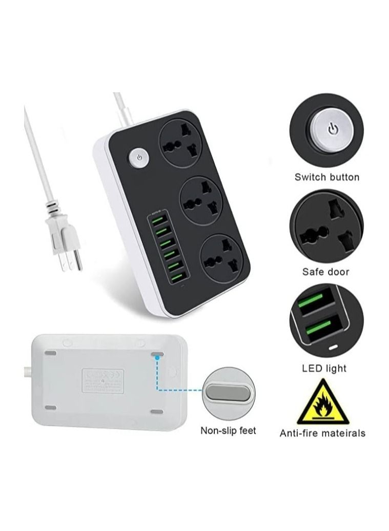 Power Strip with USB Ports Long Cord Universal Socket 3 Outlets Surge Protector 6 Quick USB (4A) Charging Station 3M Power Cord 2500W Circuit Breaker Child Safe Door  - Image 5