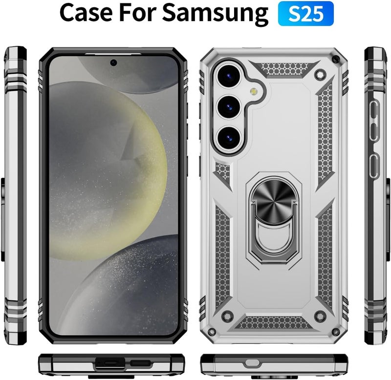 for Samsung Galaxy S25 Case, Military Grade Drop Protection Cover 360 Shockproof Heavy Duty Hard Bumper Rugged Mobile Phone Cases with Kickstand for Samsung Galaxy S25(Silver) - Image 5