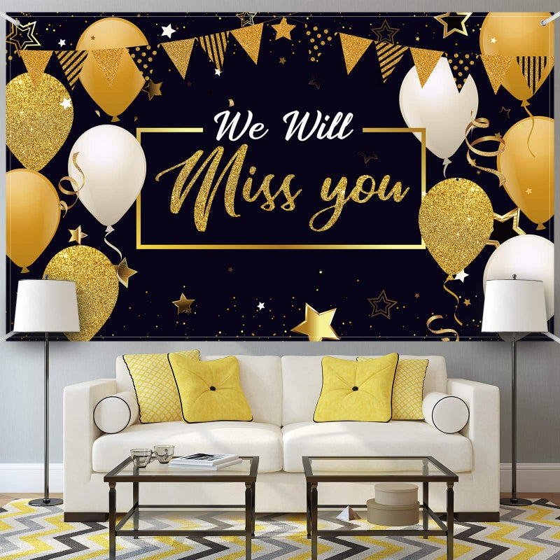 Sumind We Will Miss You Party Decorations, Extra Large Going Away Backdrop Miss You Photography Background Banner for Farewell Anniversary Retirement Graduation Party, 72.8 x 43.3 Inch(Black, Gold) - Image 5