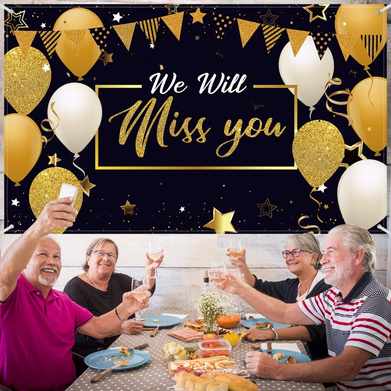 Sumind We Will Miss You Party Decorations, Extra Large Going Away Backdrop Miss You Photography Background Banner for Farewell Anniversary Retirement Graduation Party, 72.8 x 43.3 Inch(Black, Gold) - Image 4