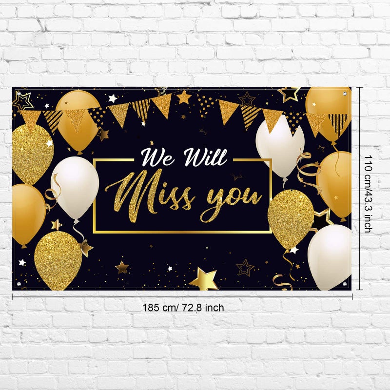 Sumind We Will Miss You Party Decorations, Extra Large Going Away Backdrop Miss You Photography Background Banner for Farewell Anniversary Retirement Graduation Party, 72.8 x 43.3 Inch(Black, Gold) - Image 2