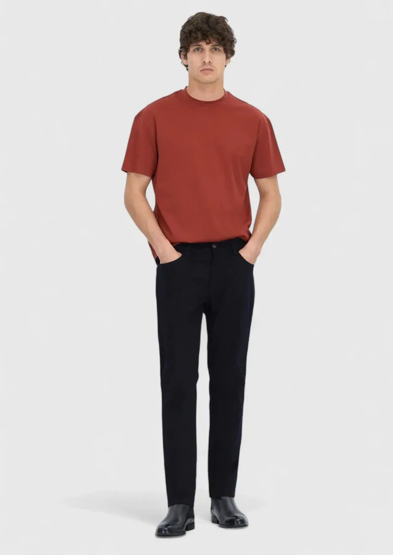 RAMSEY Navy Blue Weaving Slim Fit Casual Cotton Blended Trousers