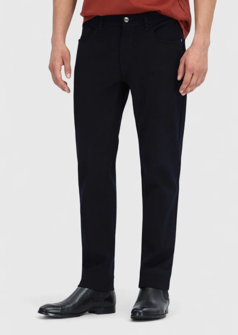 RAMSEY Navy Blue Weaving Slim Fit Casual Cotton Blended Trousers