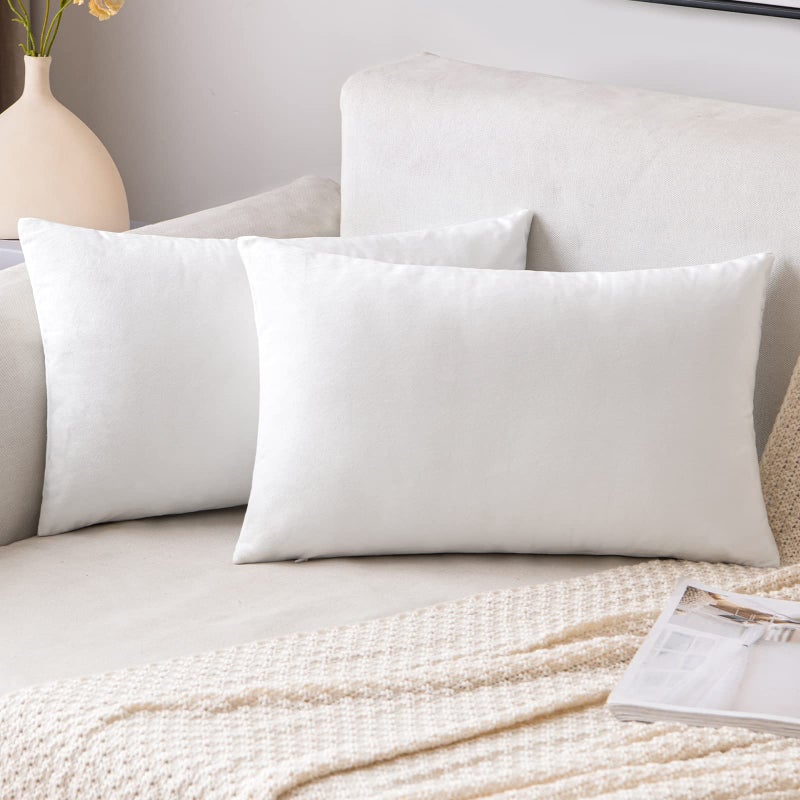 EMEMA Pack of 2 Velvet Throw Pillow Covers Decorative Rectangle Pillowcase Soft Solid Cushion Case for Sofa Bedroom Chair Car 12x20 Inch White
