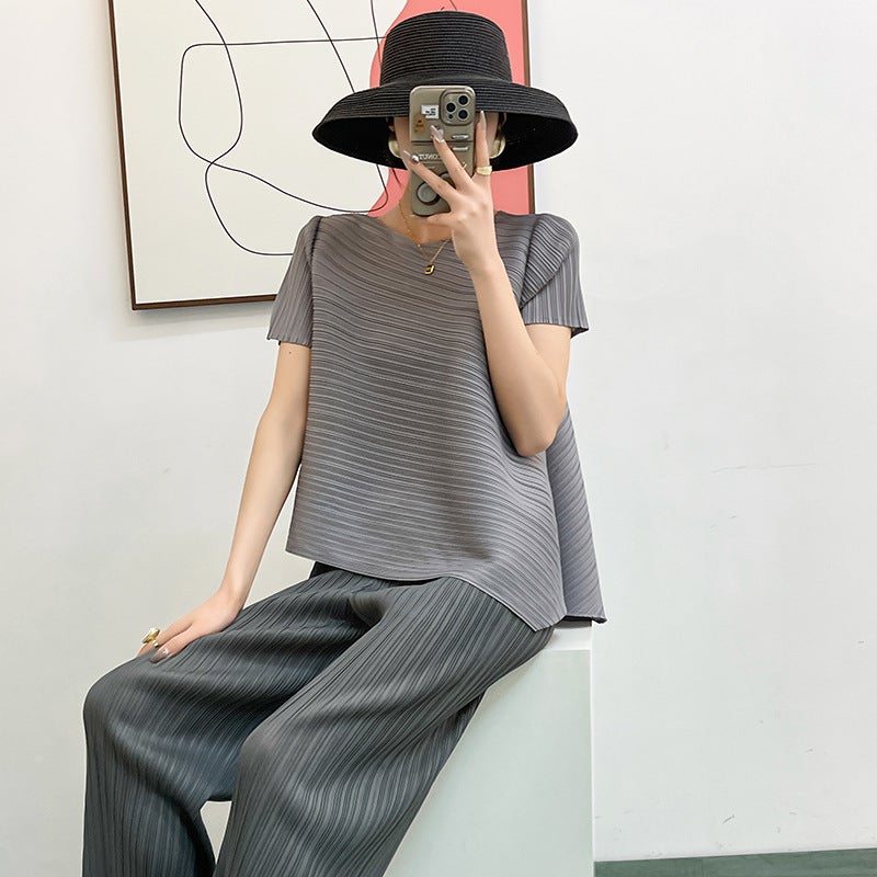 Pleated Lifetime Solid Color Top Arrival Thin Elegant All-Match Loose Plus Size Korean Short-Sleeved T-Shirt - Image 5