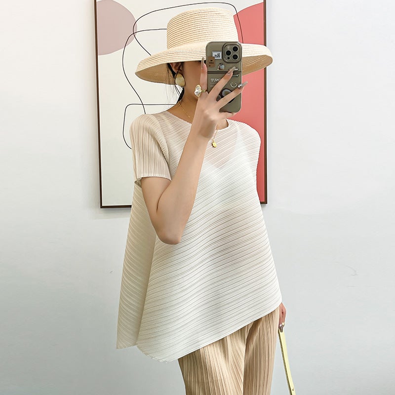 Pleated Lifetime Solid Color Top Arrival Thin Elegant All-Match Loose Plus Size Korean Short-Sleeved T-Shirt - Image 2