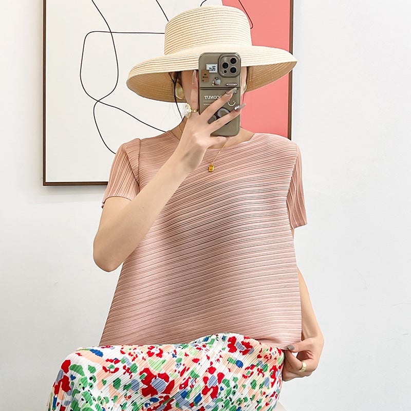 Pleated Lifetime Solid Color Top Arrival Thin Elegant All-Match Loose Plus Size Korean Short-Sleeved T-Shirt - Image 1