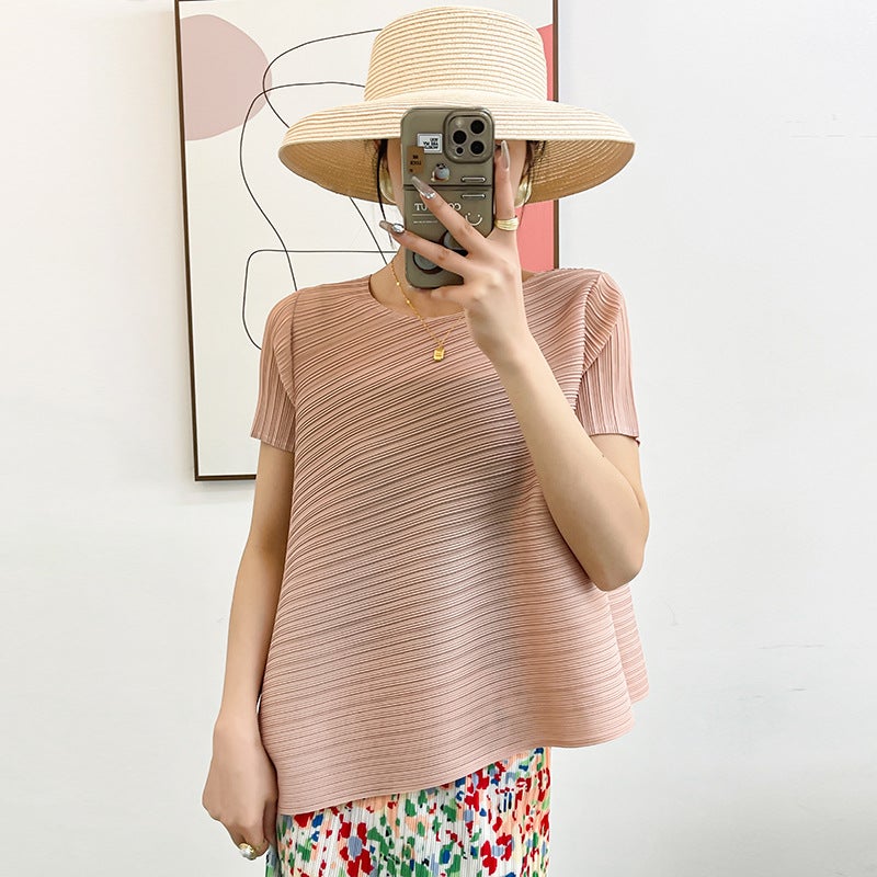 Pleated Lifetime Solid Color Top Arrival Thin Elegant All-Match Loose Plus Size Korean Short-Sleeved T-Shirt - Image 3