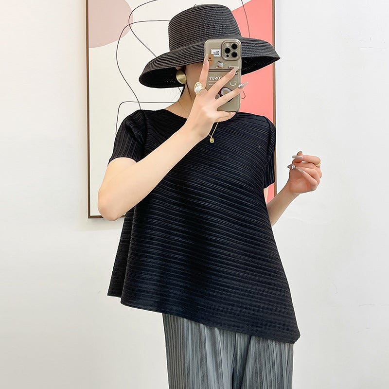 Pleated Lifetime Solid Color Top Arrival Thin Elegant All-Match Loose Plus Size Korean Short-Sleeved T-Shirt - Image 4