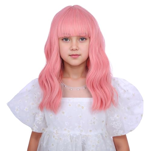 DUDUWIG Girls Pink Wig with Air Bangs Kids Short Lovely Pink Wavy Curly Wigs Child Light Pink Synthetic Cosplay Hair - Image 2
