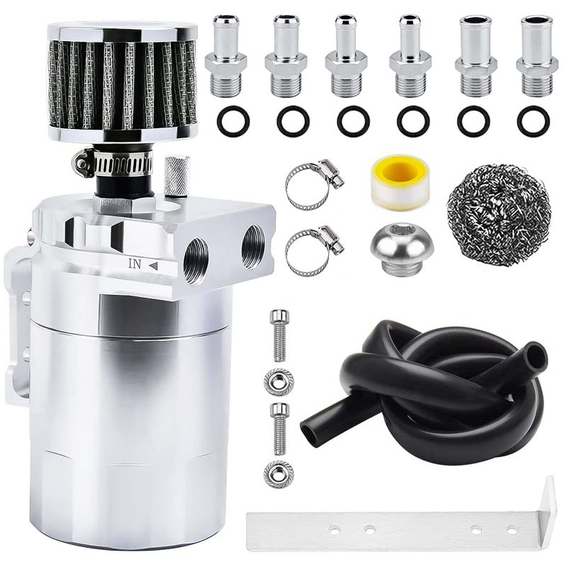 Universal Baffled Oil Catch Can 400ml Aluminum Polish Oil Separator Catch Can Kit Reservoir Tank with Breather Filter  38 Fuel Line6 FittingsNecessary AccessoriesSilver
