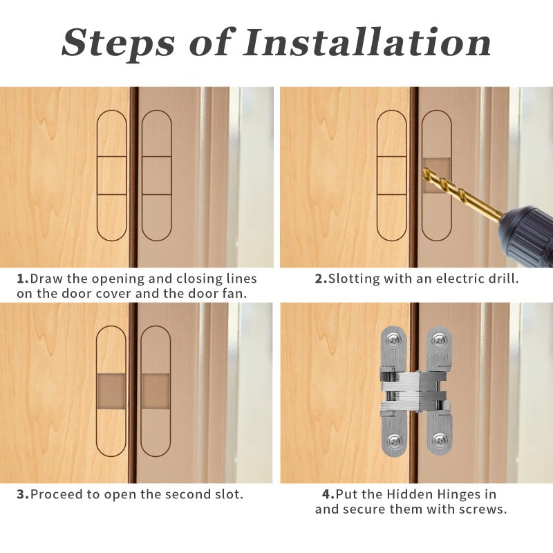 Rierdge 1-3/4" Hidden Hinge Stainless Steel 180 Degree Invisible Cross Hinges for Kitchen Cabinet Door Frameless Concealed Hinge with Screws, 4pcs - Image 4