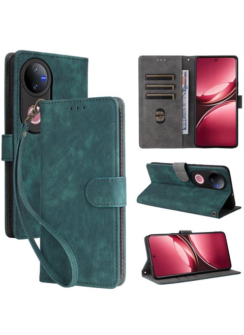 For Vivo V50 Flip Cover with Hand Strap, PU Leather Full Body Protection Shockproof Flip Mobile Cover, RFID Anti-theft Brush Folio Wallet Phone Case