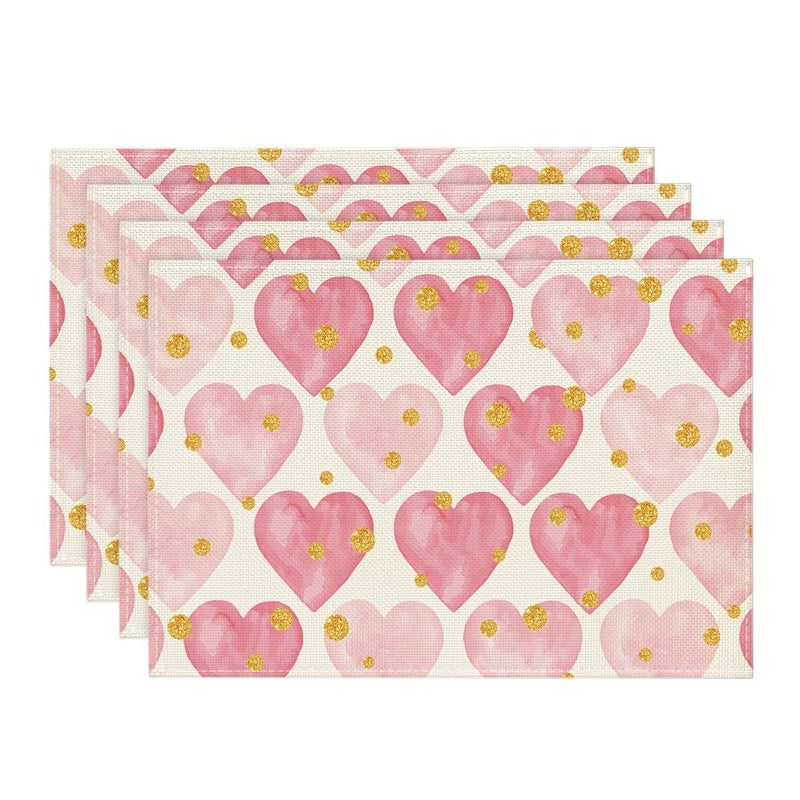 Artoid Mode Polka Dot Golden Heart Love Placemats Set of 4 12x18 Inch Anniversary Table Mats for Party Kitchen Dining Decoration