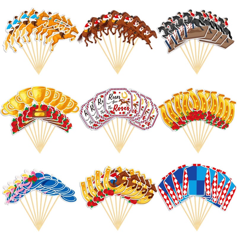 SANNIX 72 PCS Horse Derby Cupcake Toppers  9 Style Derby Party Decorations  Race Horse Cupcake Picks Cake Decorations Horse Derby Toothpicks for Kentucky Decorations Horse Party Supplies - Image 1