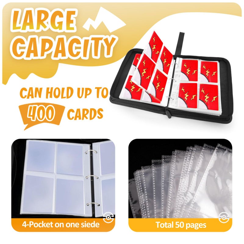 GOROMA Card Binder 4-Pockets, 400 Pockets Card Holder with 50 Removable Sleeves, Trading Card Collector Zipper Album Holder, Green - Image 4