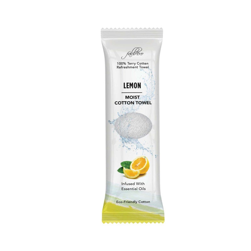 FabbPro Oshibori Moist Terry Cotton Refreshment Towels (25 Pack, 8 x 8 Inches) - White Scented Pre-moistened Essential Oil Infused Towel to Use Hot or Cold - Lemon Scent - Image 1