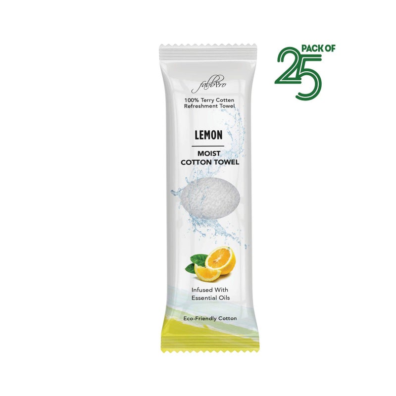 FabbPro Oshibori Moist Terry Cotton Refreshment Towels (25 Pack, 8 x 8 Inches) - White Scented Pre-moistened Essential Oil Infused Towel to Use Hot or Cold - Lemon Scent - Image 2