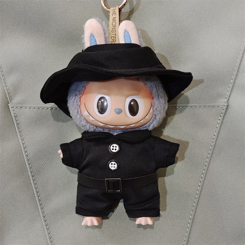 Labubu Doll Clothes Accessories Set Black belt jumpsuit + black hat 