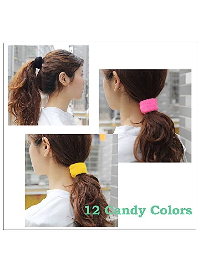 Angla 12 Pack Terry Cloth Cotton Elastic Stretchy Fuzzy Wide Thick Hair Ties Scrunchies Ties Ring Loop No Crease Seamless Hair Rubber Band Ponytail Holder Hair Accessories For Women Girl  - Image 3